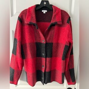 J. JILL Cardigan Sweater Medium Women’s Knit Collared Long Sleeve Red Black